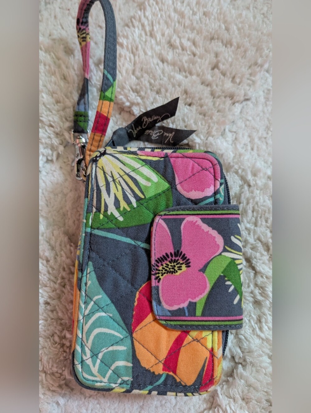 Vera Bradley Quilted Floral Wristlet in Pink, Green & Gray
